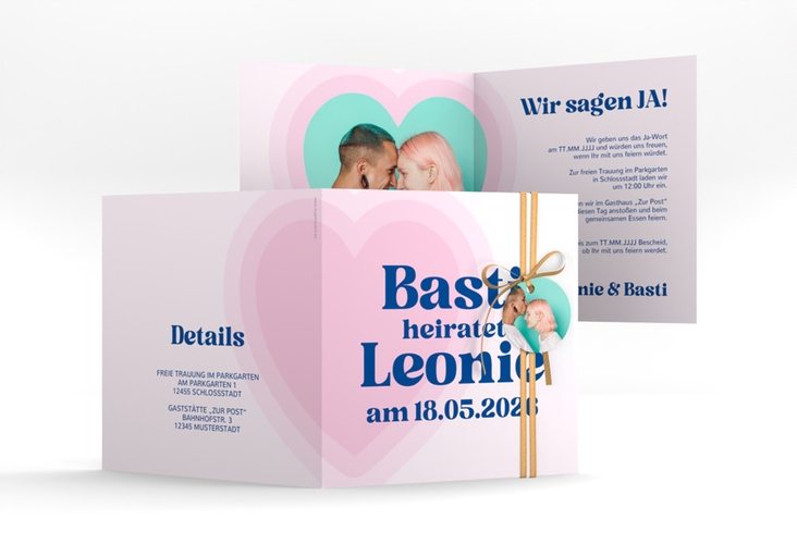 Hochzeitseinladung Retroherz quadr. Klappkarte hochglanz