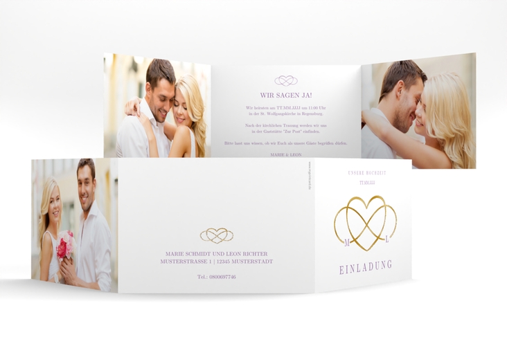 Hochzeitseinladung Infinity A6 Doppel-Klappkarte lila gold