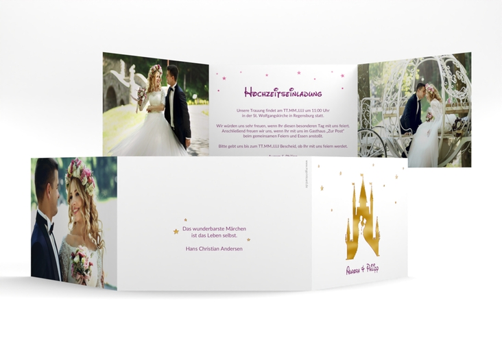 Hochzeitseinladung Castle A6 Doppel-Klappkarte pink gold