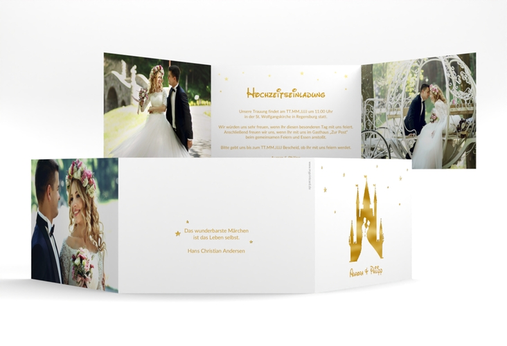 Hochzeitseinladung Castle A6 Doppel-Klappkarte gold gold