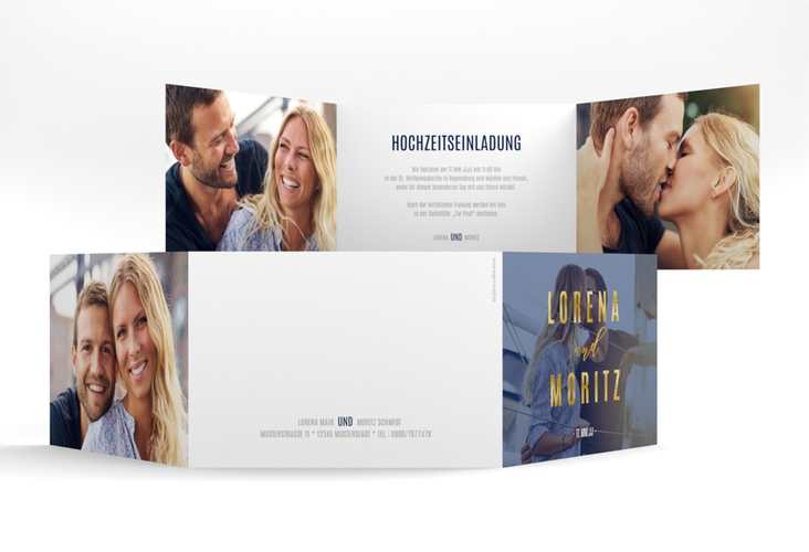 Hochzeitseinladung Memory A6 Doppel-Klappkarte blau gold