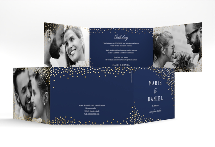 Hochzeitseinladung Glitter A6 Doppel-Klappkarte blau gold