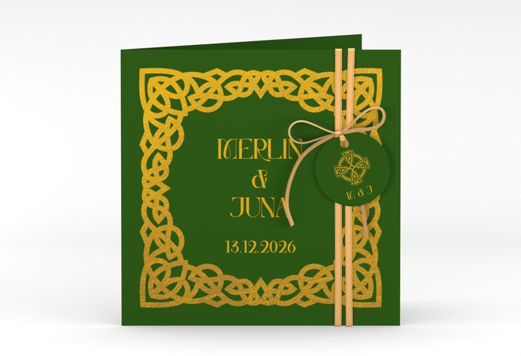 Hochzeitseinladung Celtic quadr. Klappkarte gruen mit keltischem Knoten in irischen Farben