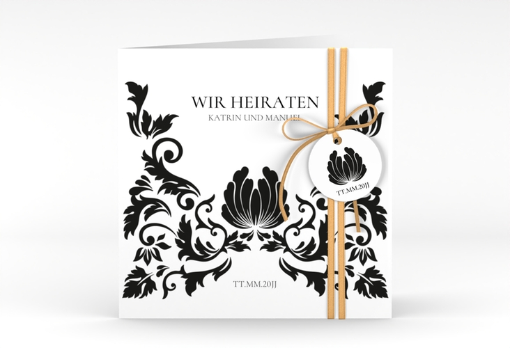 Hochzeitseinladung Royal quadr. Klappkarte weiss mit barockem Blumen-Ornament