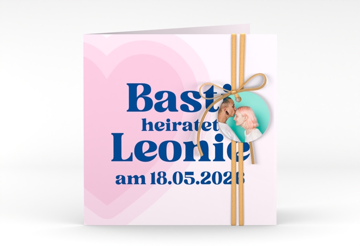 Hochzeitseinladung Retroherz quadr. Klappkarte rosa