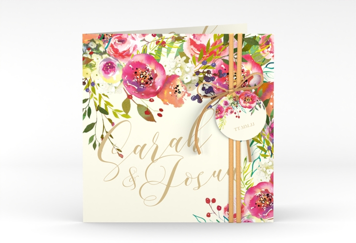 Hochzeitseinladung Flowerbomb quadr. Klappkarte beige