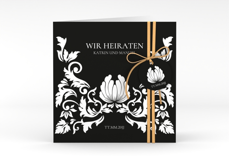 Hochzeitseinladung Royal quadr. Klappkarte schwarz hochglanz mit barockem Blumen-Ornament