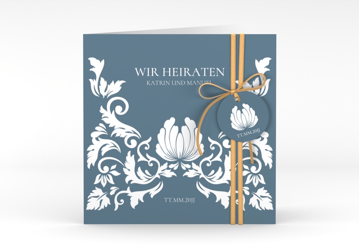 Hochzeitseinladung Royal quadr. Klappkarte blau hochglanz mit barockem Blumen-Ornament