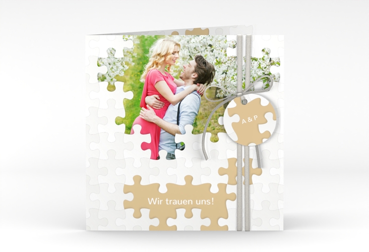 Hochzeitseinladung Puzzle quadr. Klappkarte beige