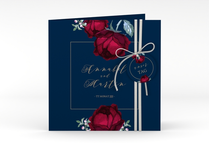 Hochzeitseinladung Peonies quadr. Klappkarte blau elegant mit Pfingstrosen