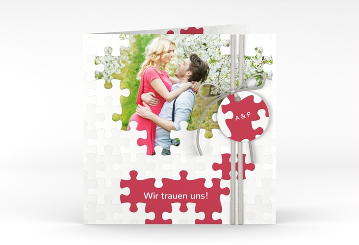 Hochzeitseinladung Puzzle quadr. Klappkarte rot