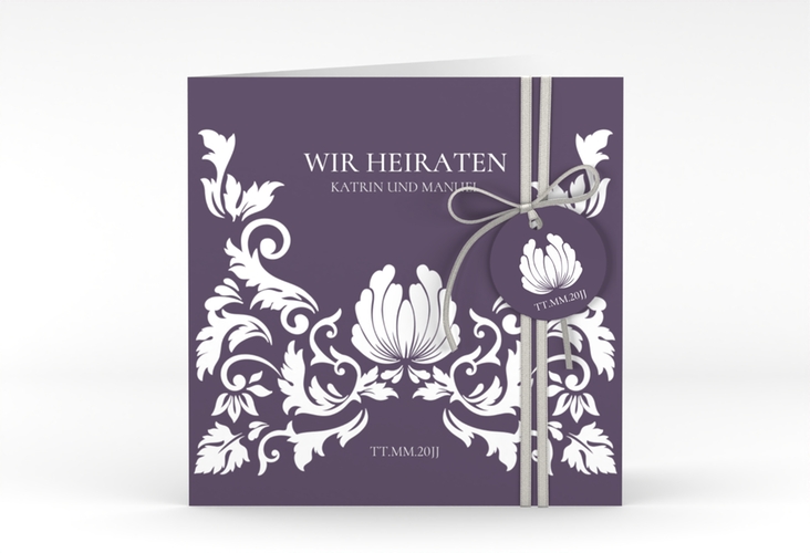 Hochzeitseinladung Royal quadr. Klappkarte lila hochglanz mit barockem Blumen-Ornament