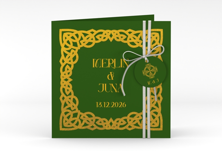 Hochzeitseinladung Celtic quadr. Klappkarte hochglanz mit keltischem Knoten in irischen Farben