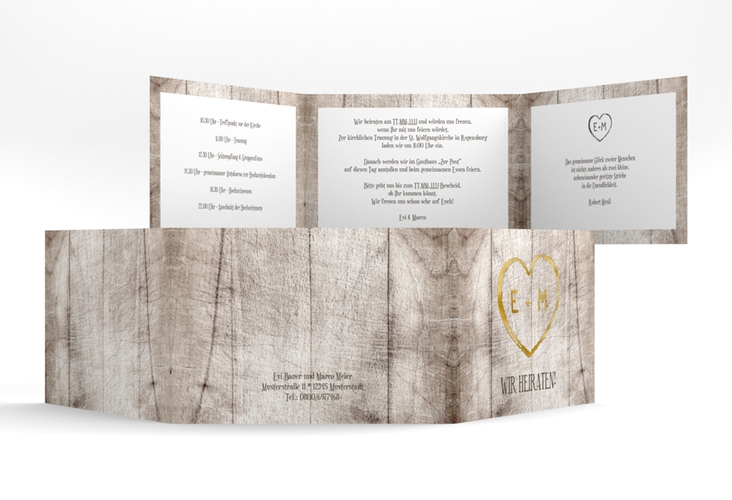 Hochzeitseinladung Wood A6 Doppel-Klappkarte weiss gold