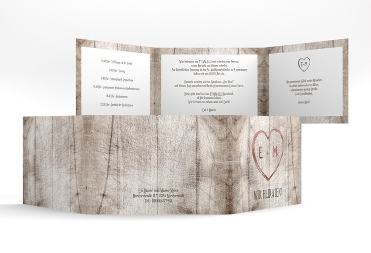 Hochzeitseinladung Wood A6 Doppel-Klappkarte weiss rosegold