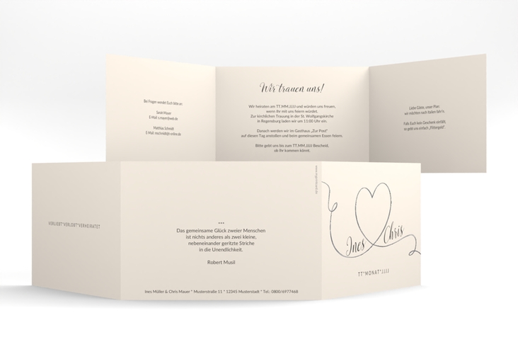 Hochzeitseinladung Dolce A6 Doppel-Klappkarte beige silber