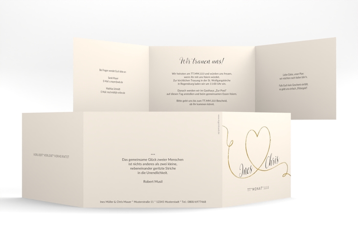 Hochzeitseinladung Dolce A6 Doppel-Klappkarte beige gold