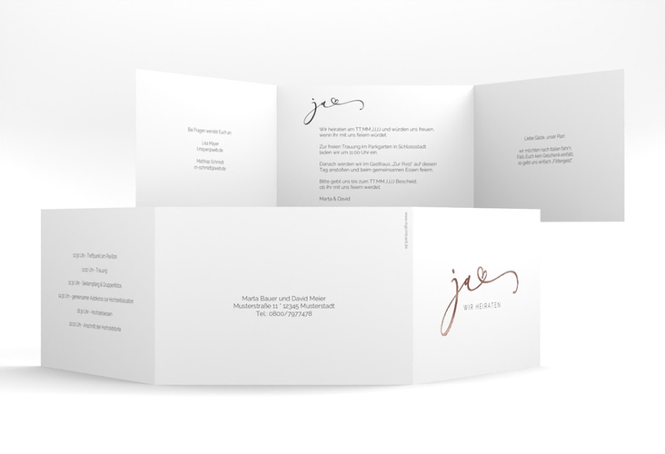 Hochzeitseinladung Jawort A6 Doppel-Klappkarte weiss rosegold modern minimalistisch mit veredelter Aufschrift