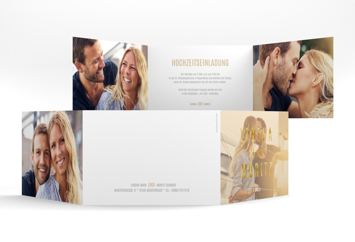 Hochzeitseinladung Memory A6 Doppel-Klappkarte beige gold