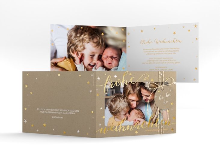 Weihnachtskarte Sternenlicht A6 Klappkarte quer Kraftpapier gold in Kraftpapier-Optik mit Foto