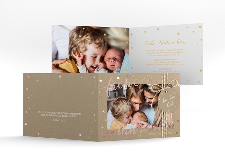 Weihnachtskarte Sternenlicht A6 Klappkarte quer Kraftpapier rosegold in Kraftpapier-Optik mit Foto