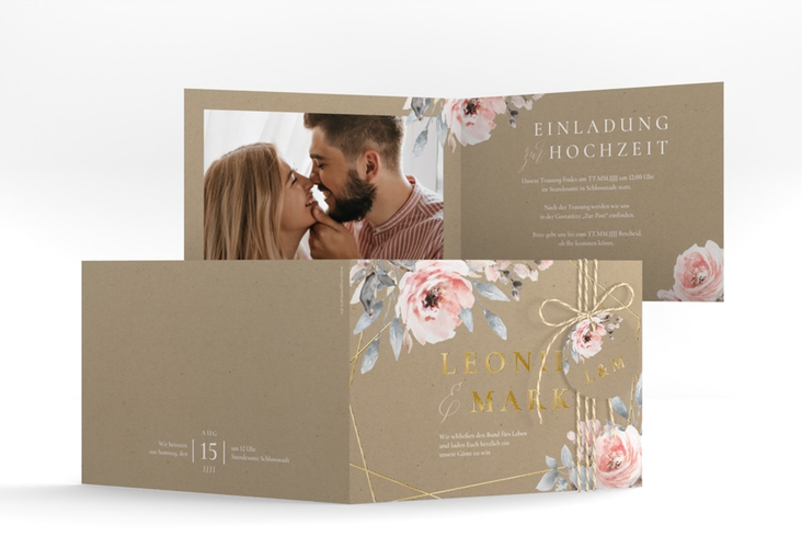 Hochzeitseinladung Perfection A6 Klappkarte quer Kraftpapier gold mit rosa Rosen