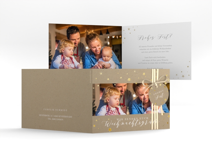 Weihnachtskarte Sternennacht A6 Klappkarte quer Kraftpapier gold mit Sternchen und Familienfoto