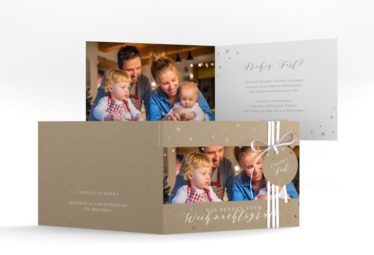 Weihnachtskarte Sternennacht A6 Klappkarte quer Kraftpapier rosegold mit Sternchen und Familienfoto