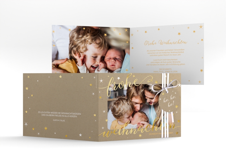 Weihnachtskarte Sternenlicht A6 Klappkarte quer Kraftpapier gold in Kraftpapier-Optik mit Foto