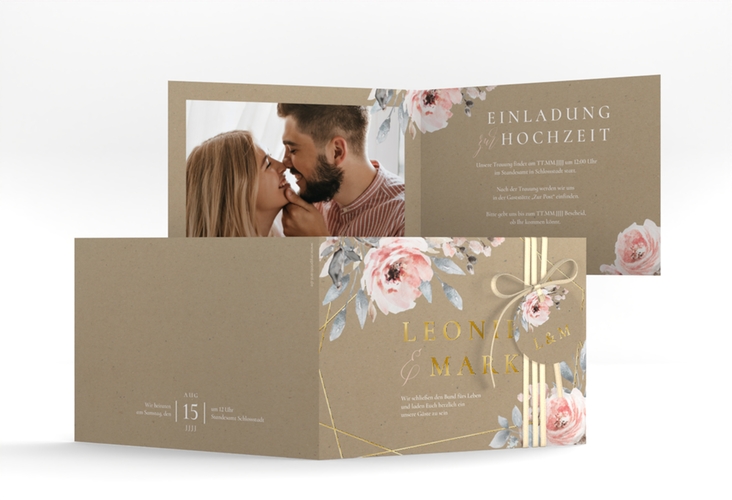 Hochzeitseinladung Perfection A6 Klappkarte quer Kraftpapier gold mit rosa Rosen