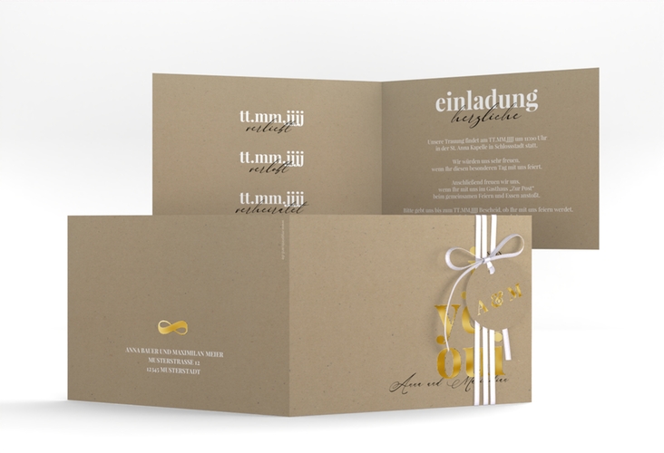 Hochzeitseinladung Oui A6 Klappkarte quer Kraftpapier gold mit Ja-Wort in verschiedenen Sprachen