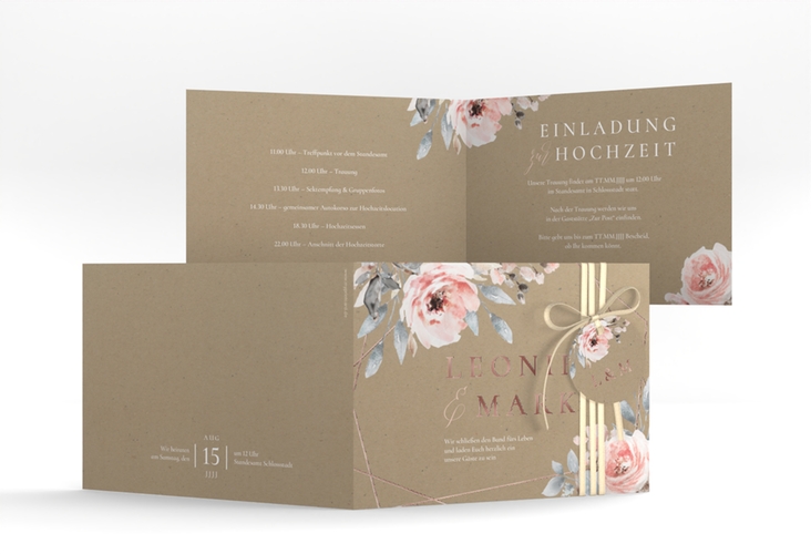 Hochzeitseinladung Perfection A6 Klappkarte quer Kraftpapier rosegold mit rosa Rosen