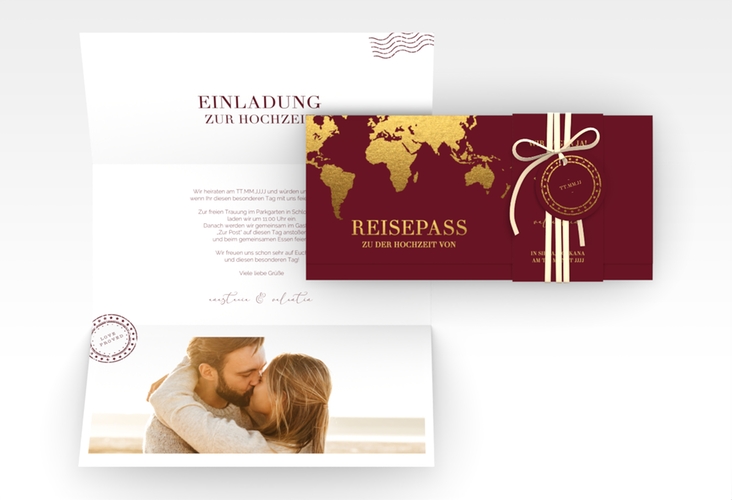 Hochzeitseinladung Traumziel Wickelfalzkarte + Banderole im Reisepass-Design