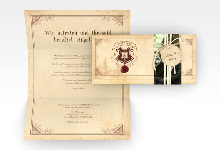 Hochzeitseinladung Zauberkunst Wickelfalzkarte + Banderole mit Fantasy-Wappen, Siegel und Zauberschule