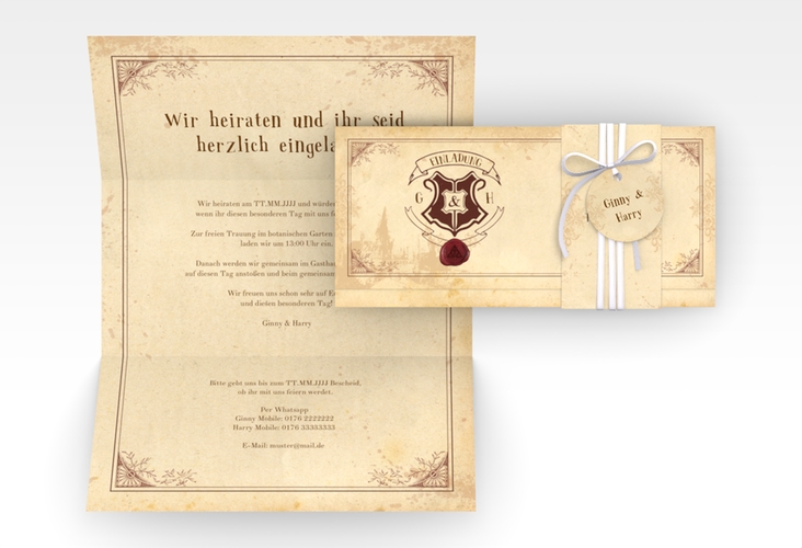 Hochzeitseinladung Zauberkunst Wickelfalzkarte + Banderole mit Fantasy-Wappen, Siegel und Zauberschule