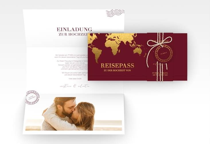 Hochzeitseinladung Traumziel Wickelfalzkarte + Banderole im Reisepass-Design