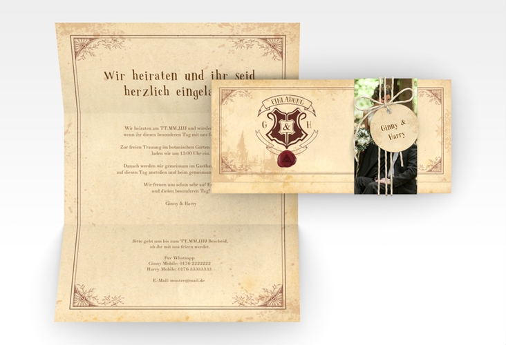 Hochzeitseinladung Zauberkunst Wickelfalzkarte + Banderole mit Fantasy-Wappen, Siegel und Zauberschule