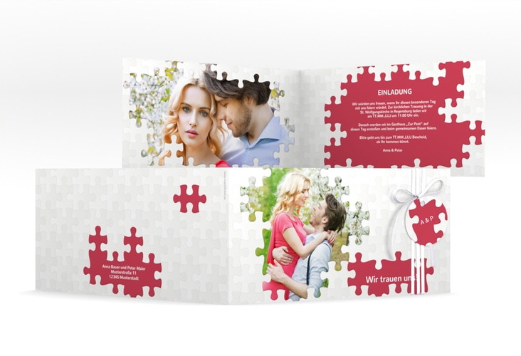 Hochzeitseinladung Puzzle lange Klappkarte quer rot