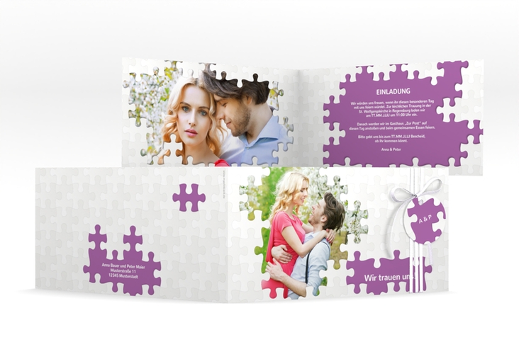 Hochzeitseinladung Puzzle lange Klappkarte quer lila