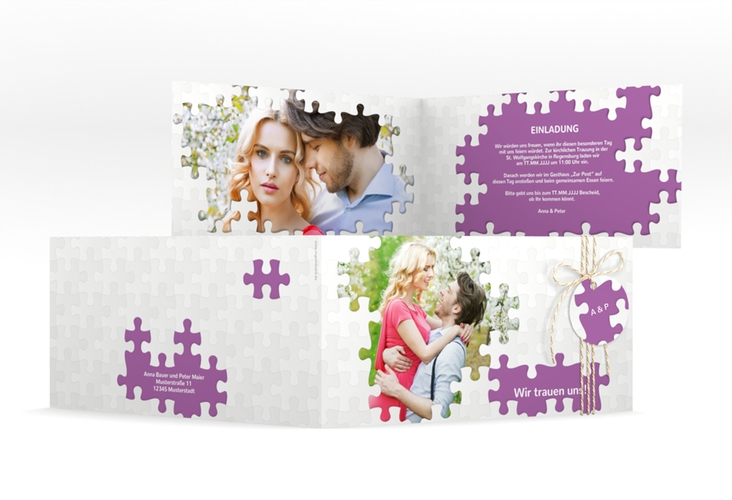 Hochzeitseinladung Puzzle lange Klappkarte quer lila