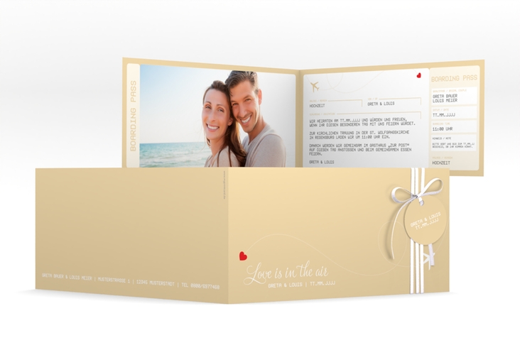 Hochzeitseinladung Weddingpass lange Klappkarte quer beige