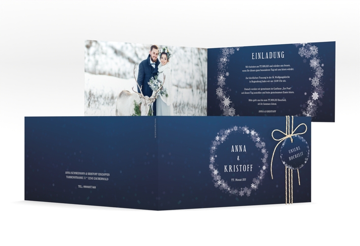 Hochzeitseinladung Winterdream lange Klappkarte quer blau hochglanz mit Eisblumen