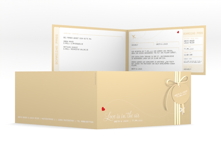 Hochzeitseinladung Weddingpass lange Klappkarte quer beige hochglanz