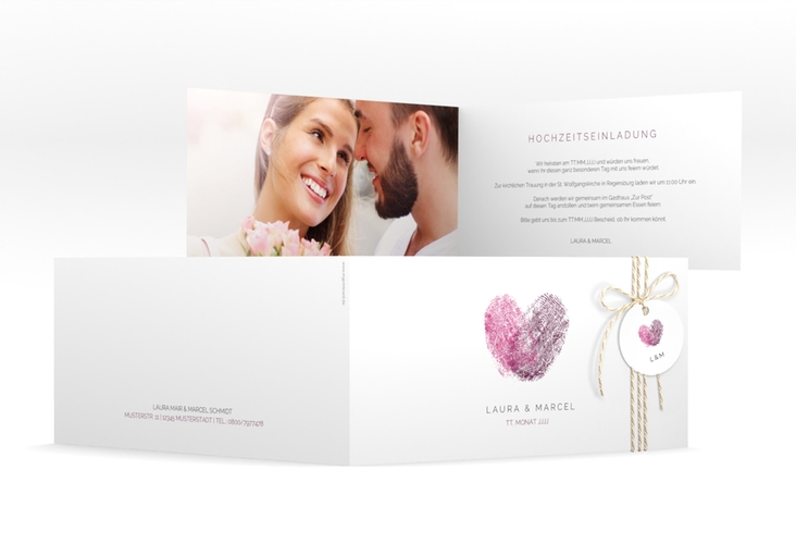 Hochzeitseinladung Fingerprint lange Klappkarte quer pink hochglanz schlicht mit Fingerabdruck-Motiv