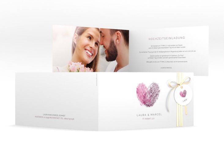 Hochzeitseinladung Fingerprint lange Klappkarte quer pink hochglanz schlicht mit Fingerabdruck-Motiv