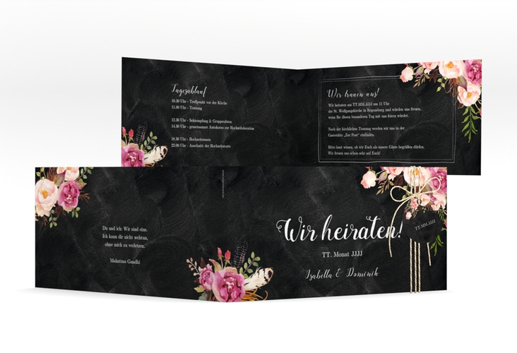 Hochzeitseinladung Flowers lange Klappkarte quer schwarz hochglanz mit bunten Aquarell-Blumen