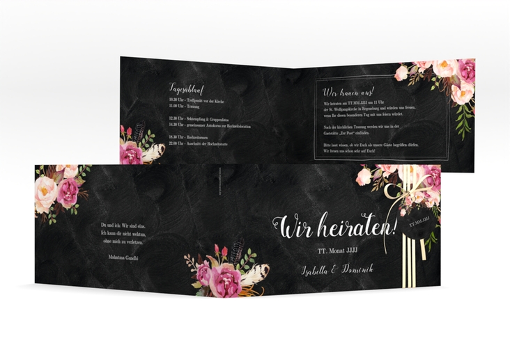 Hochzeitseinladung Flowers lange Klappkarte quer schwarz hochglanz mit bunten Aquarell-Blumen