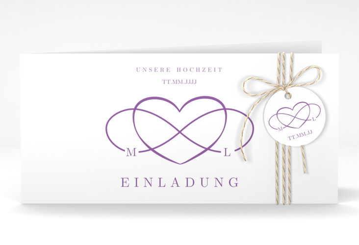 Hochzeitseinladung Infinity lange Klappkarte quer lila hochglanz