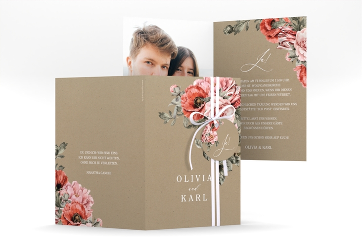 Einladungskarte Hochzeit Grazioso A6 Klappkarte hoch Kraftpapier modern mit Mohnblumen und Rosen