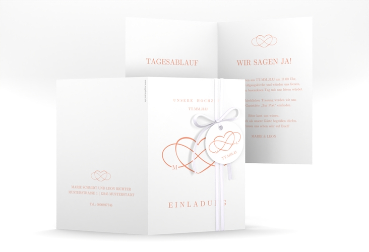 Einladungskarte Hochzeit Infinity A6 Klappkarte hoch apricot hochglanz